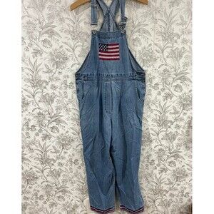 Vintage Agapo Denim Overalls Women Sz M USA Flag American Cross Stitch Embroider